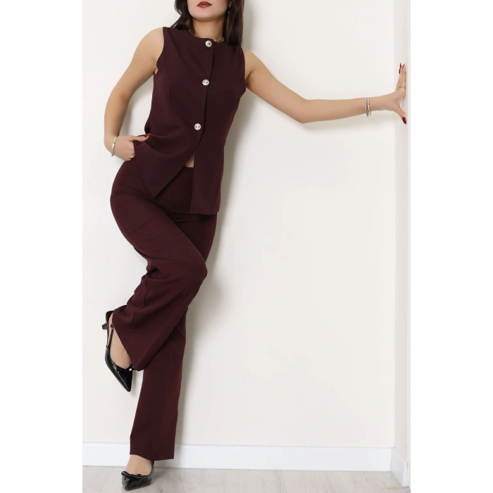 Düğmeli Dabıl İkili Takım Mürdüm - 55039.1991.