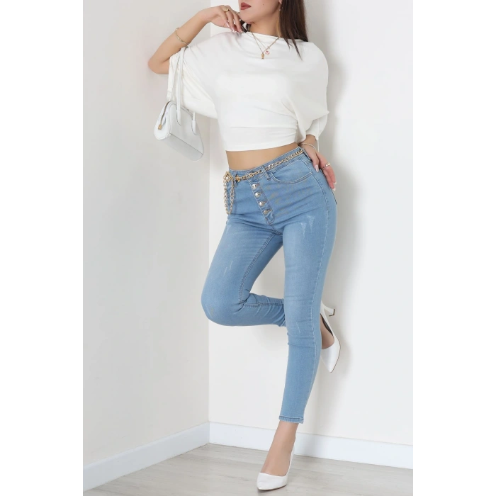 Düğmeli Dar Paça Kot Pantolon Açıkmavi - 42700.2121.