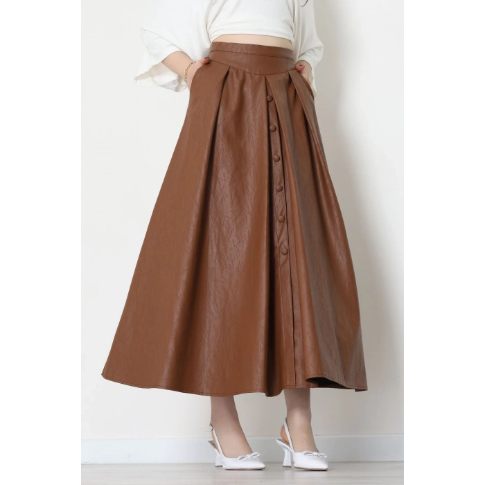 Düğmeli Deri Etek Açıkkahve - 60654.2126.