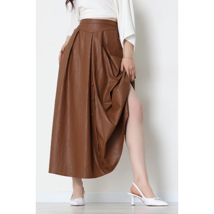 Düğmeli Deri Etek Açıkkahve - 60654.2126.