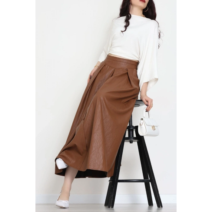 Düğmeli Deri Etek Açıkkahve - 60654.2126.