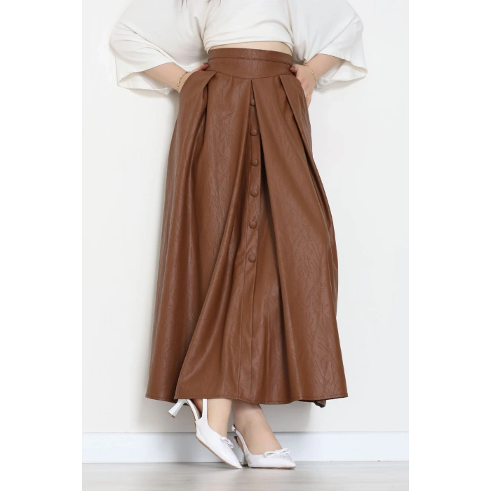 Düğmeli Deri Etek Açıkkahve - 60654.2126.