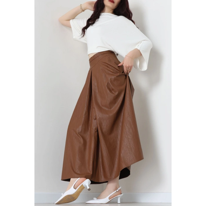 Düğmeli Deri Etek Açıkkahve - 60654.2126.