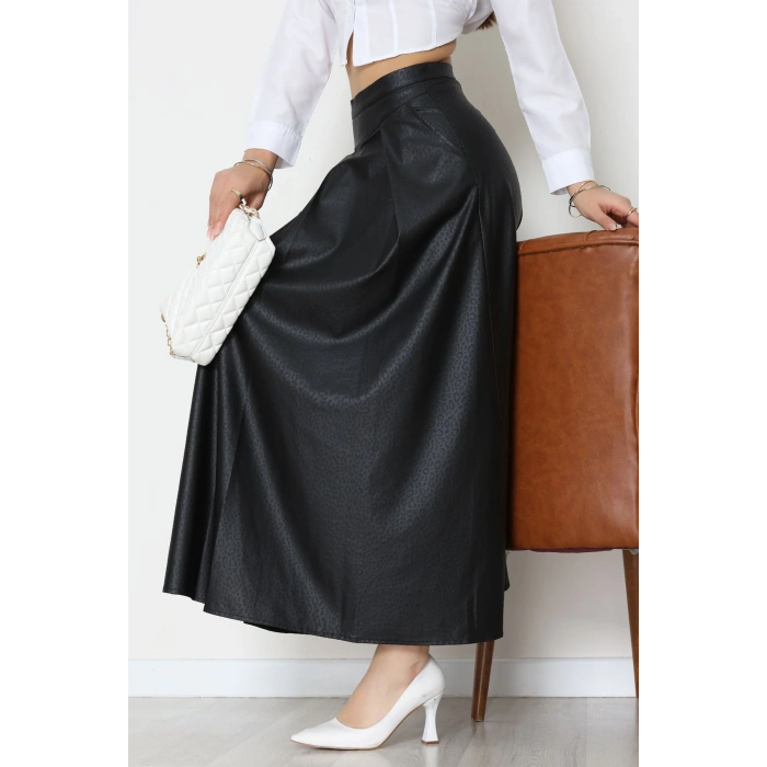 Düğmeli Deri Etek Siyah - 60654.2126.