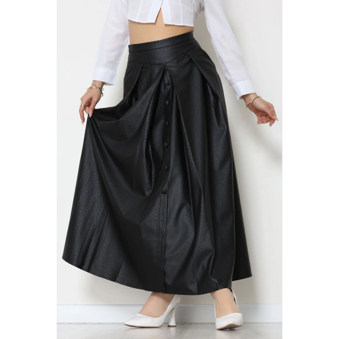 Düğmeli Deri Etek Siyah - 60654.2126.