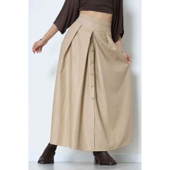 Düğmeli Deri Etek Vizon - 60654.2126.