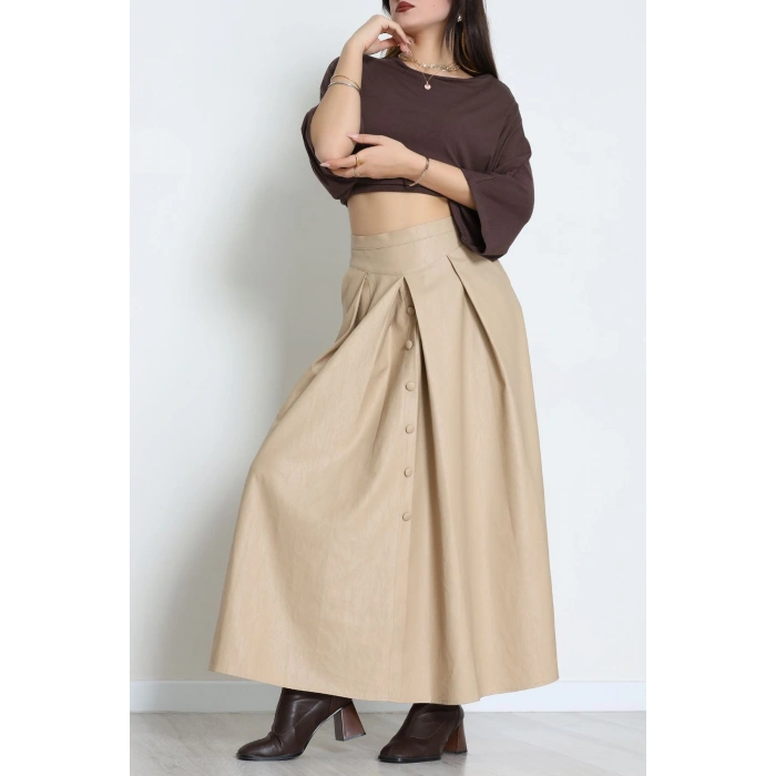 Düğmeli Deri Etek Vizon - 60654.2126.