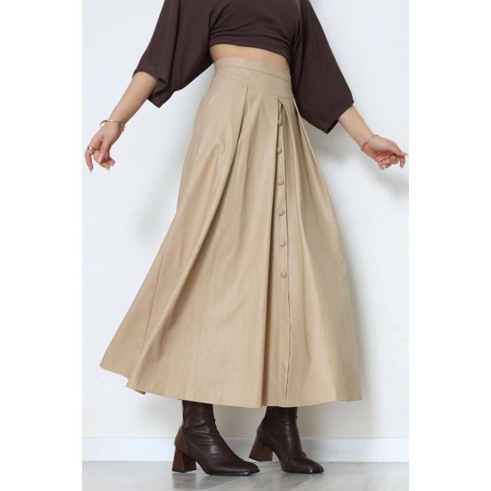 Düğmeli Deri Etek Vizon - 60654.2126.