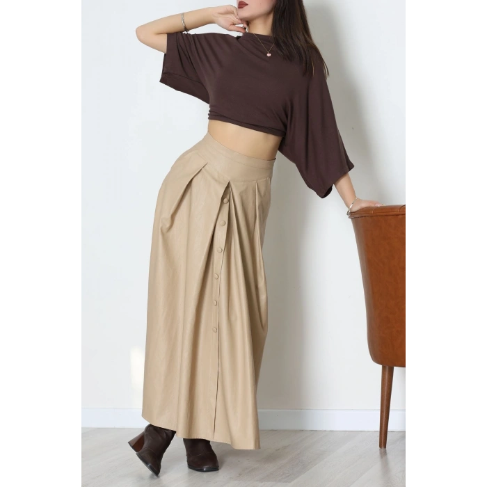 Düğmeli Deri Etek Vizon - 60654.2126.