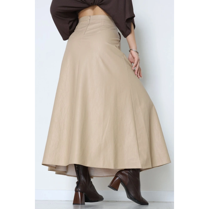 Düğmeli Deri Etek Vizon - 60654.2126.