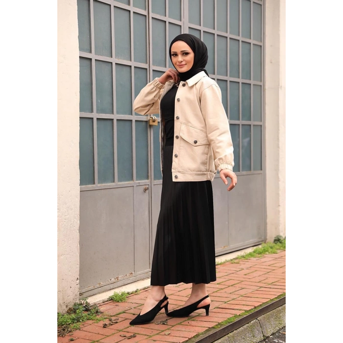 Düğmeli Kot Ceket Bej