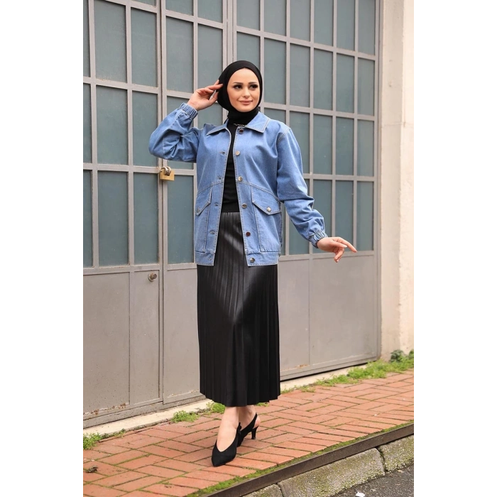 Düğmeli Kot Ceket Mavi