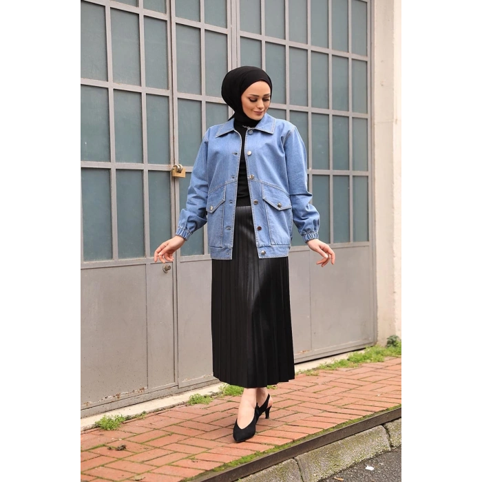 Düğmeli Kot Ceket Mavi