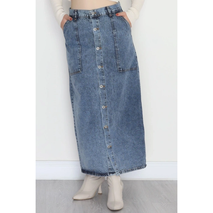 Düğmeli Kot Etek Koyumavi - 31555.2088.