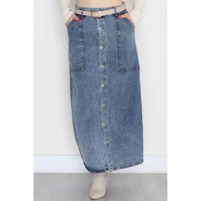 Düğmeli Kot Etek Koyumavi - 31555.2088.