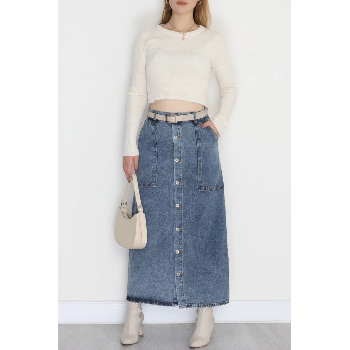 Düğmeli Kot Etek Koyumavi - 31555.2088.