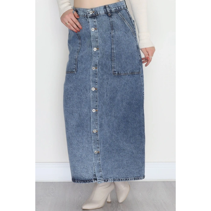 Düğmeli Kot Etek Koyumavi - 31555.2088.