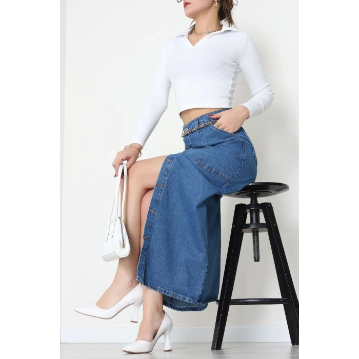 Düğmeli Kot Etek Mavi - 31555.2088.