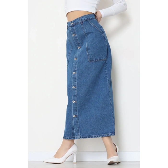 Düğmeli Kot Etek Mavi - 31555.2088.