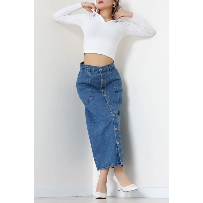 Düğmeli Kot Etek Mavi - 31555.2088.