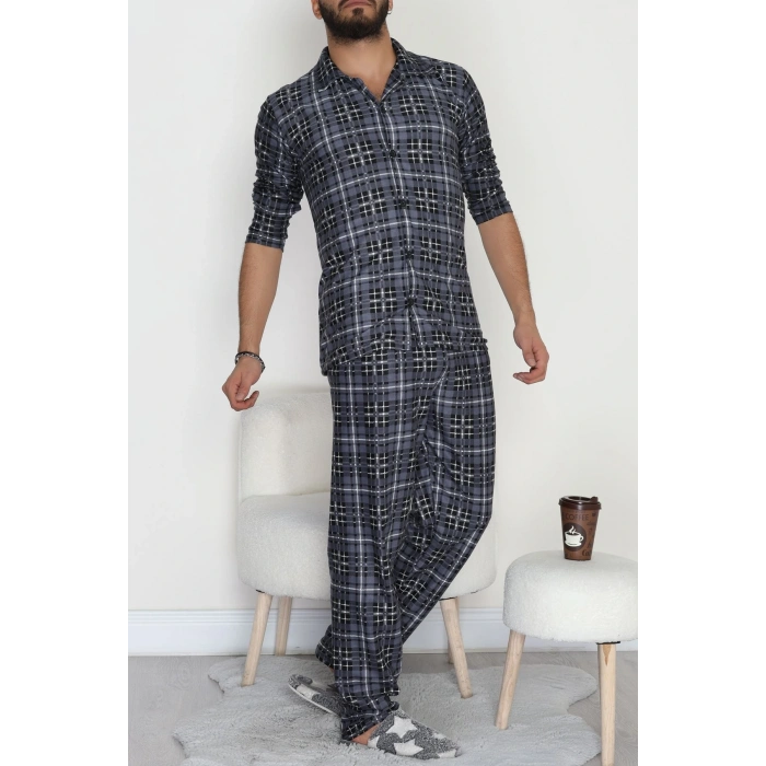 Düğmeli Süet Erkek Pijama Takımı Füme - 42641.1951.