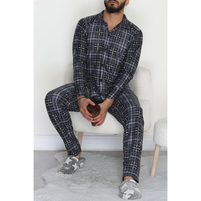 Düğmeli Süet Erkek Pijama Takımı Füme - 42641.1951.