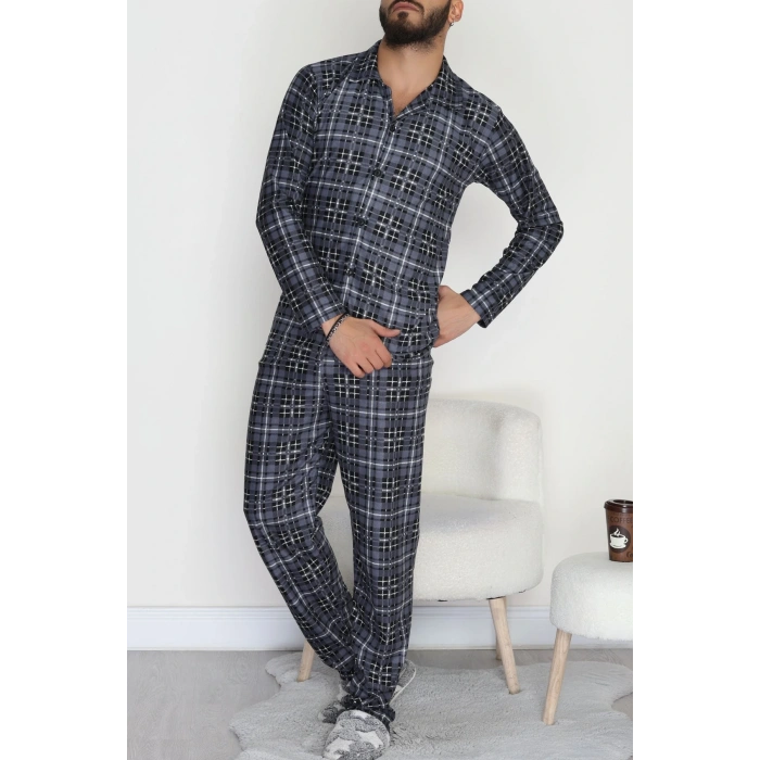 Düğmeli Süet Erkek Pijama Takımı Füme - 42641.1951.