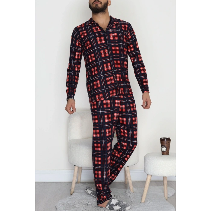 Düğmeli Süet Erkek Pijama Takımı Kırmızılaci - 42641.1951.
