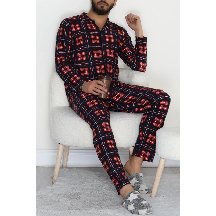 Düğmeli Süet Erkek Pijama Takımı Kırmızılaci - 42641.1951.