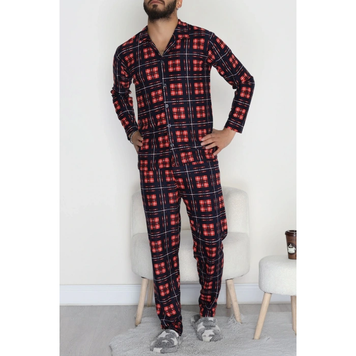 Düğmeli Süet Erkek Pijama Takımı Kırmızılaci - 42641.1951.
