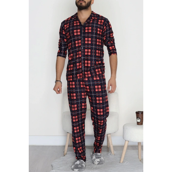 Düğmeli Süet Erkek Pijama Takımı Kırmızılaci - 42641.1951.