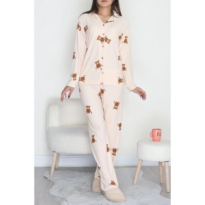 Düğmeli Süet Pijama Takımı Bejkahve1 - 450.1287.