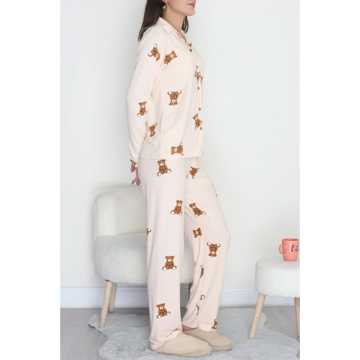 Düğmeli Süet Pijama Takımı Bejkahve1 - 450.1287.