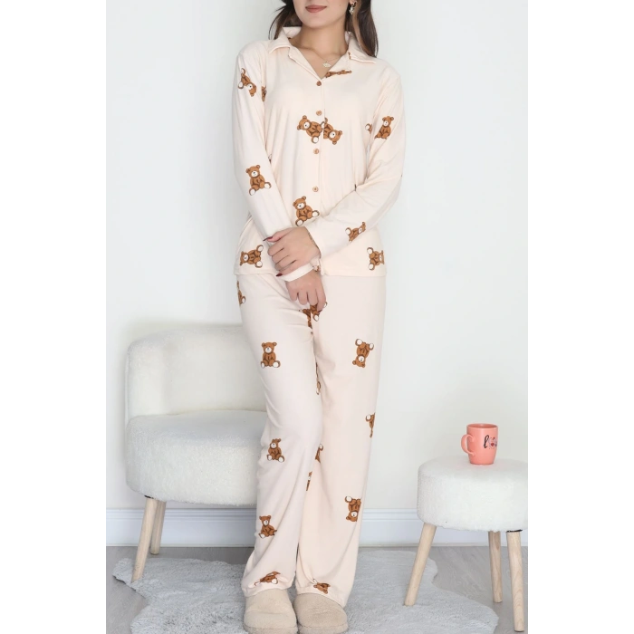 Düğmeli Süet Pijama Takımı Bejkahve1 - 450.1287.