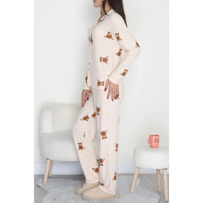Düğmeli Süet Pijama Takımı Bejkahve1 - 450.1287.