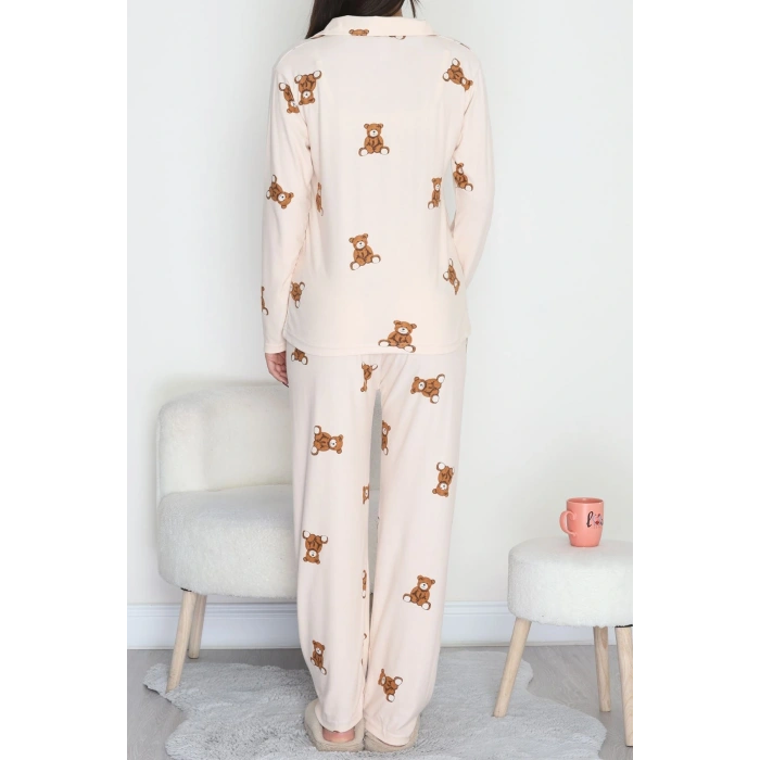 Düğmeli Süet Pijama Takımı Bejkahve1 - 450.1287.