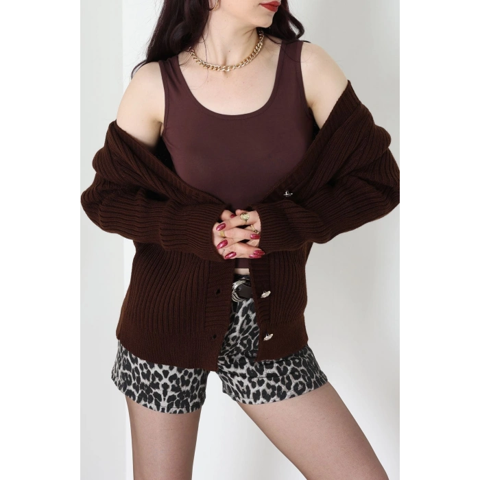 Düğmeli Triko Hırka Kahve - 4039.1577.