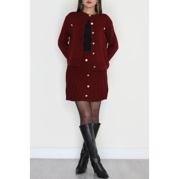 Düğmeli Triko İkili Takım Bordo - 42532.1766.