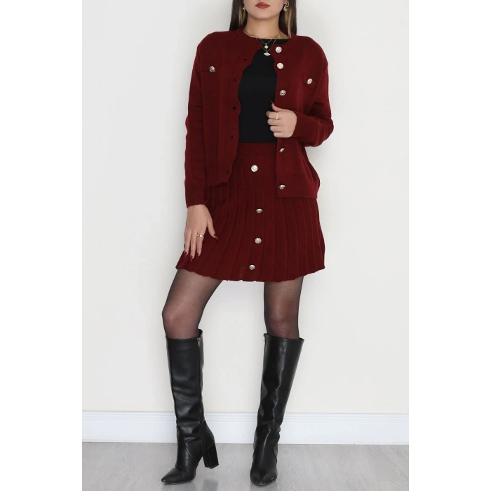 Düğmeli Triko İkili Takım Bordo - 42532.1766.