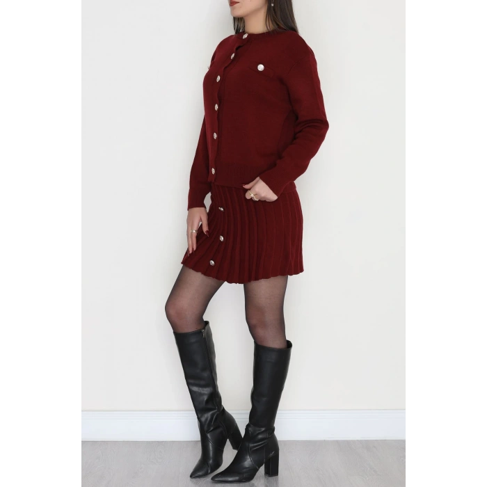 Düğmeli Triko İkili Takım Bordo - 42532.1766.