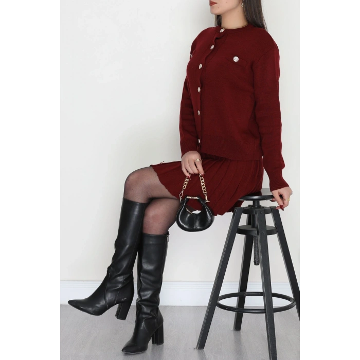 Düğmeli Triko İkili Takım Bordo - 42532.1766.