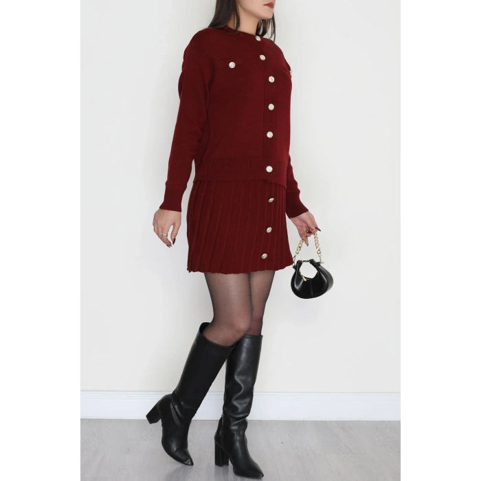 Düğmeli Triko İkili Takım Bordo - 42532.1766.