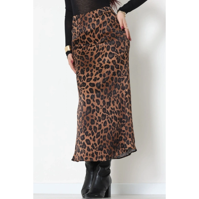 Düz Kesim Desenli Saten Etek Kahveleopar - 51243.2077.