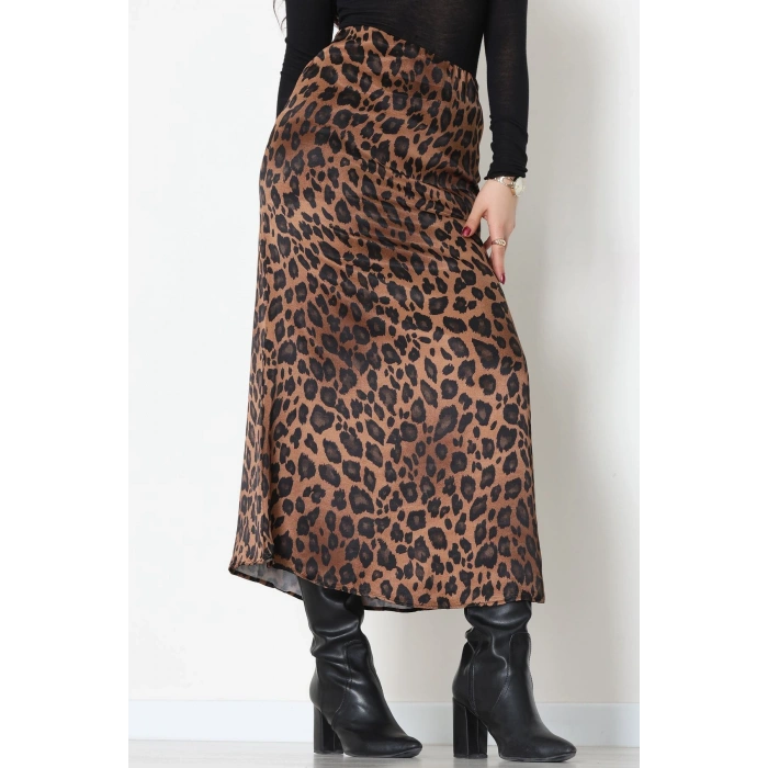 Düz Kesim Desenli Saten Etek Kahveleopar - 51243.2077.