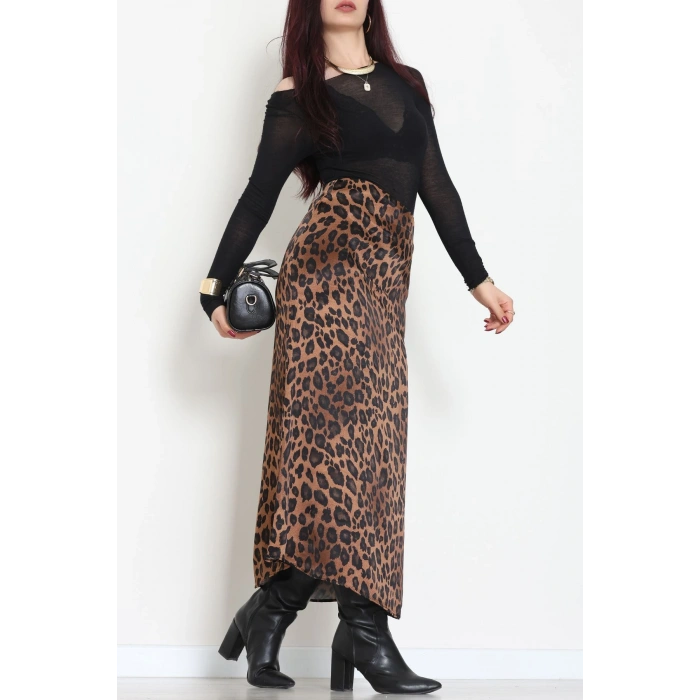 Düz Kesim Desenli Saten Etek Kahveleopar - 51243.2077.