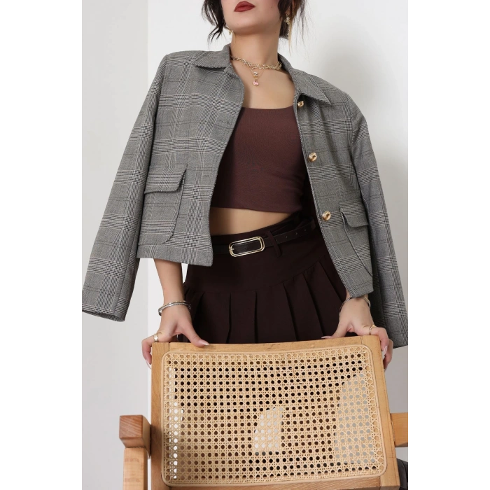 Ekose Düğme Detay Ceket Bej - 6311.001.