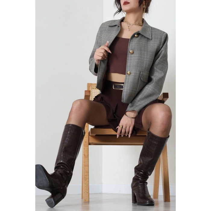 Ekose Düğme Detay Ceket Bej - 6311.001.