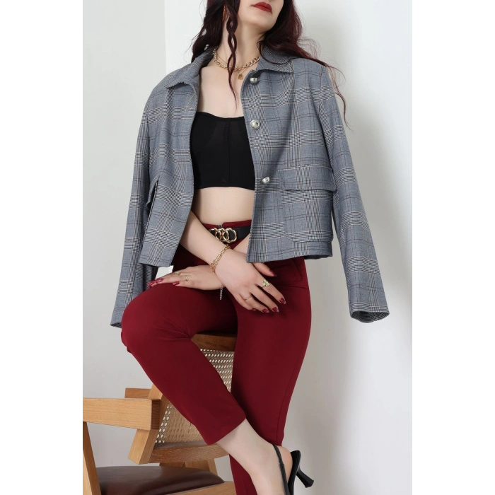 Ekose Düğme Detay Ceket Lacivert - 6311.001.