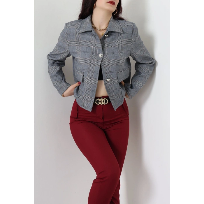 Ekose Düğme Detay Ceket Lacivert - 6311.001.