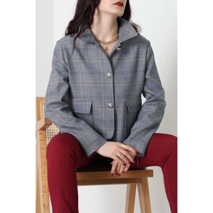 Ekose Düğme Detay Ceket Lacivert - 6311.001.